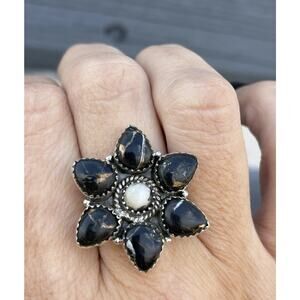 SW Sterling White Buffalo Turquoise Black Stallion Cluster Ring Adjustable